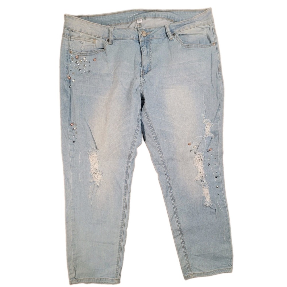 Boutique + Skinny Jeans Womens 18W Light Wash Pearl Studded Distressed Stretch